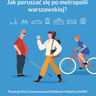 Rysunek niewidomego mężczyzny z laską, idącej kobiety i kobiety na rowerze.